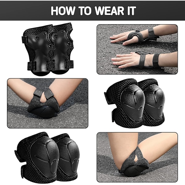 Skyddsutrustning för barn - Knäskydd för barn 3-14 år, knä- och armbågsskydd för småbarn med handledsskydd 3 i 1 M Black