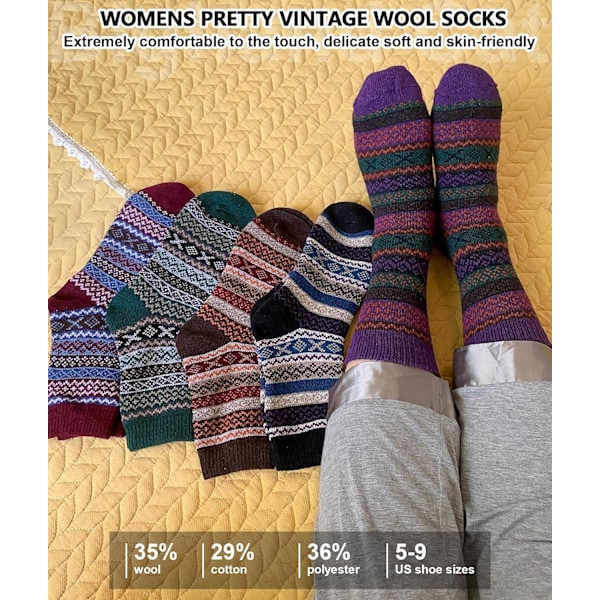 5 Par Dame Vintage Stil Tykke Uld Varme Vinter Strømper A18