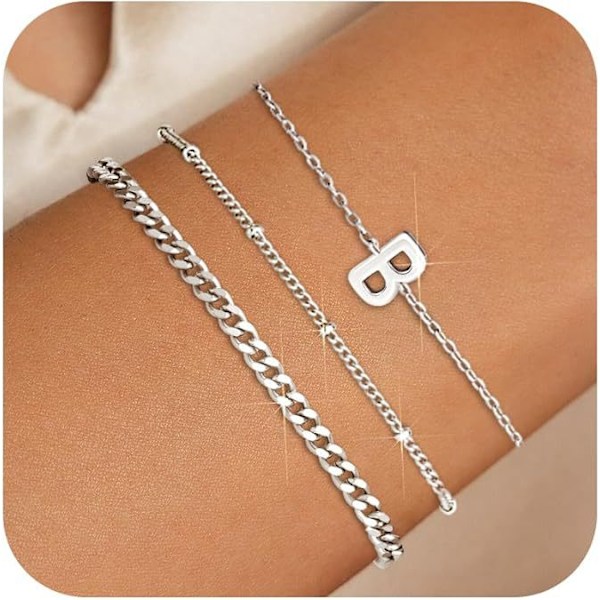 3 stk hvitt gull armbånd med initialer for kvinner, delikat 14K gullarmbånd, stablet bokstavlenke-sjarmarmbånd, A-Z monogram armbånd, smykker som ikke anløper, gaver M