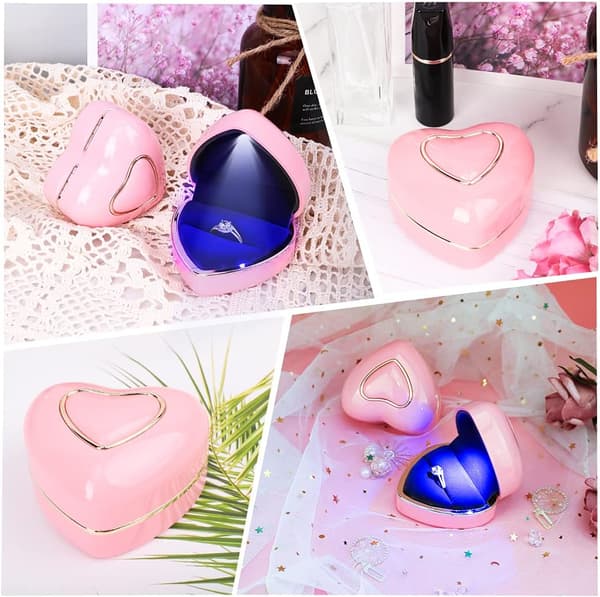 Hjerteforlovelsesringboks LED Ringboks Smykkeboks Bryllupsringboks Frieri Rosa