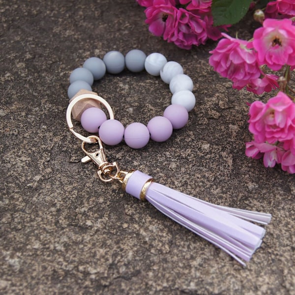 Silikonperle Armbånd Nøglering Håndledsrem Nøglering Bangle Kæder til Kvinder med Læder Kvast Purple