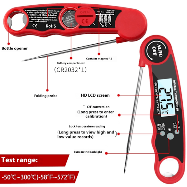 Digital Kötttermometer, 3s Instant Läsning Kocktermometer, Vikbar Sond Grilltermometer med Hög Noggrannhet, Bakgrundsbelyst LCD-Skärm