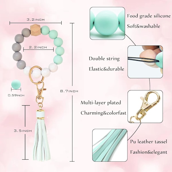 Silikonperle Armbånd Nøglering Håndledsrem Nøglering Bangle Kæder til Kvinder med Læder Kvast Mint Green