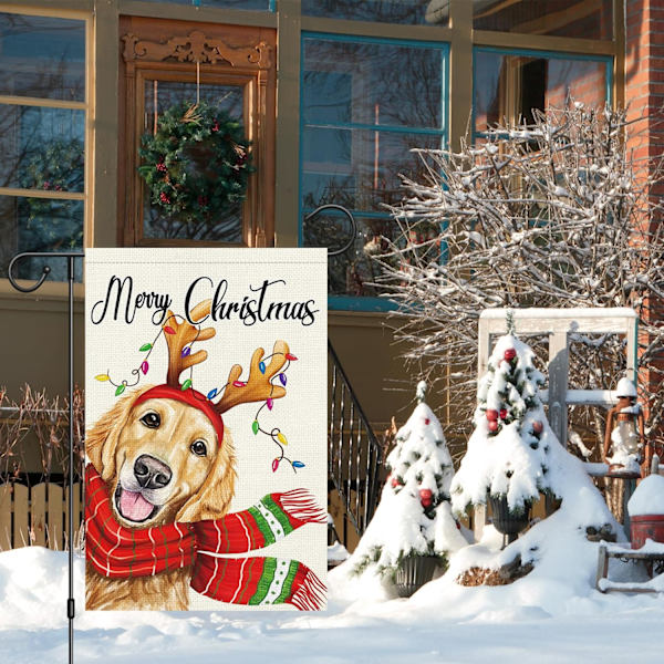 Julehageflagg 12x18 Dobbeltsidig, Burlap Velkommen Vinter Jul Golden Retriever Hund Hage Hageflagg (BARE FLAGG) Christmas
