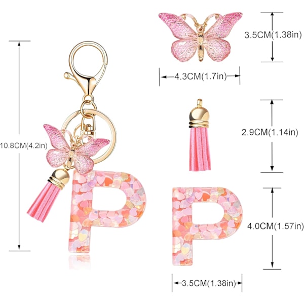 Mode Alphabet Initial Bogstav Nøglering Tassel Butterfly Vedhæng Nøglering til Pung Håndtasker Kvinder Pige Pink Butterfly Letter P