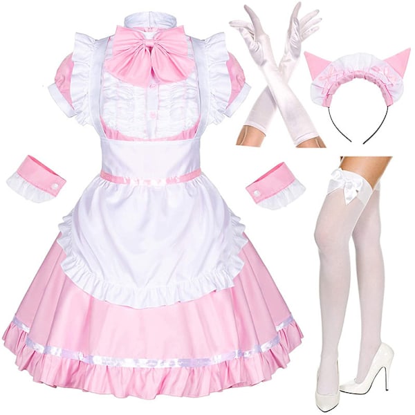 Lolita Pigekjole Sort og Hvid Uniform Kjole Pink og Hvid S D S