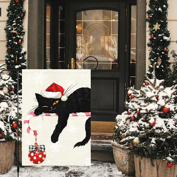 Julgransflagga 12x18 Dubbelsidig, Jutesäck Vinter Jul Klocka Svart Katt Trädgård Gräsmatta Flaggor Christmas-12" x 18"