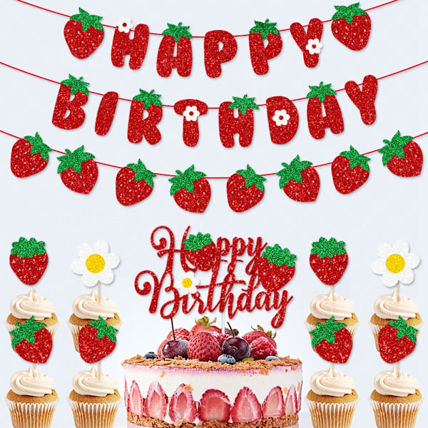 Bursdagsdekorasjon med jordbærtema - Happy Birthday flagg, kakedekorasjon og jordbærplakat
