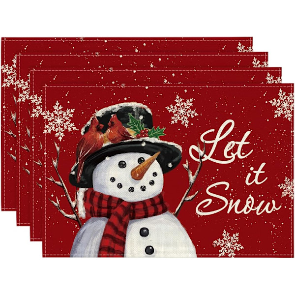 Punainen Lumimies Let It Snow -talvipöytäliinat, 4 kpl, 12x18 tuumaa, jouluiset pöytäliinat juhliin, keittiöön ja ruokailuun Red