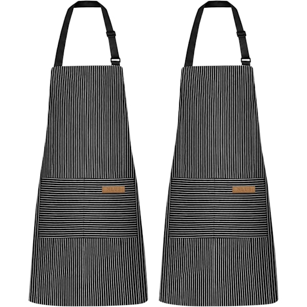 2-pack Köksförkläden, Justerbar Bib Mjuk Kockförkläde med 2 Fickor för Män Kvinnor Svart Randig A