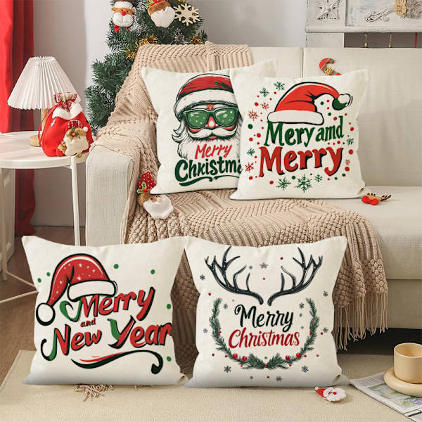 Ny julkuddfodral i linne med Santa Claus-tryck för vardagsrumssoffa, kuddfodral för gränsöverskridande semester utan kudde 45*45cm
