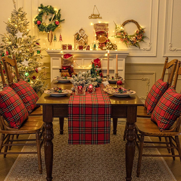 Julebordløber i ternet tartan - rød buffalo plaid juledug, pletbestandig, vaskbar, 13 x 108 tommer Red Plaid