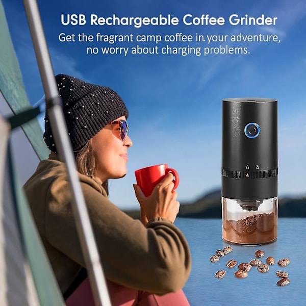 Bärbar kaffekvarn, elektrisk liten automatisk konisk burr kaffekvarn, USB uppladdningsbar
