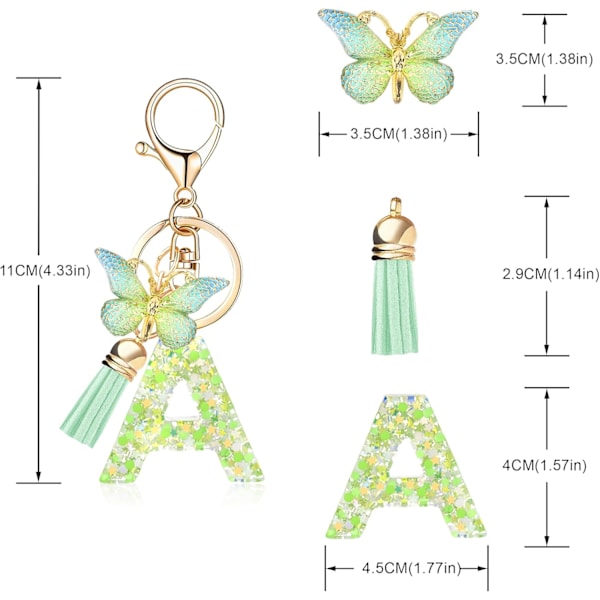 Mode Alphabet Initial Bogstav Nøglering Tassel Butterfly Vedhæng Nøglering til Pung Håndtasker Kvinder Pige Green Butterfly Letter a