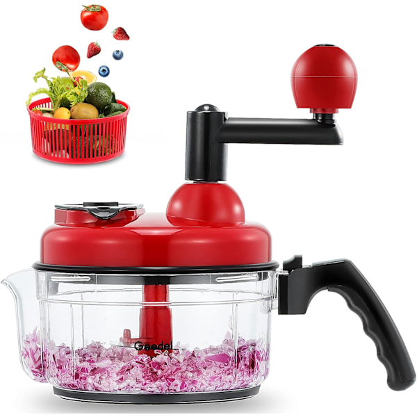 Manuell mathakker, rask grønnsakshakker, manuell matprosessor, enkel å rengjøre matkutter, kjøttkvern, blender, roterende løkhakker for hvitløk Red