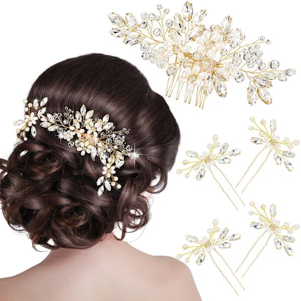 5 stk. Bryllupshårkam Brude Hårnåle Krystal Perle Hårtilbehør Rhinestone Blomster Hårstykke til Bryllup Brud Kvinder (Guld, Klassisk Stil) Gold