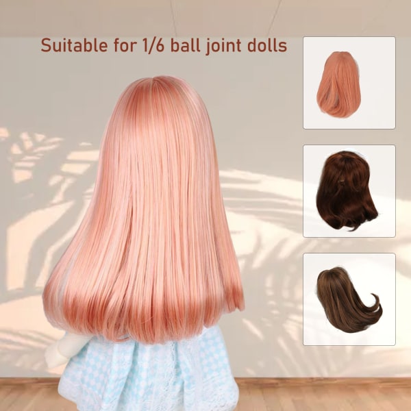 Sisällä napitettu otsatukkaperuukki, jossa päänahka korkean lämpötilan silkki nuken hiukset peruukki, joka sopii 15,5-17 cm nukelle vaaleanruskea