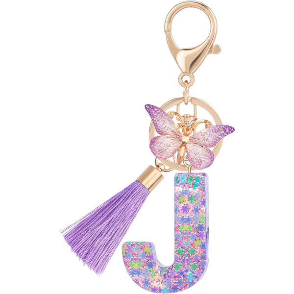 Sødt Rosa Nøglering til Kvinder Piger, Initialbogstav Nøglering med Kvast, Charms til Nøglepung Håndtasker Rygsække Purple Butterfly Letter-j