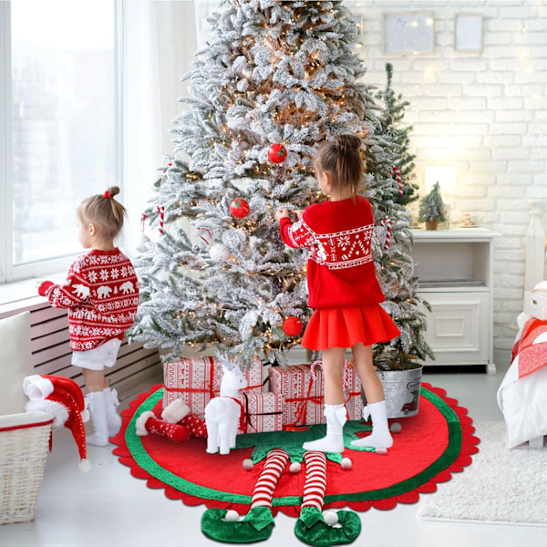 Julgransunderlägg, 48 tum Grön och Röd Julgransunderlägg med 3D Tomteben, Tomte Julgransunderlägg 48 inches