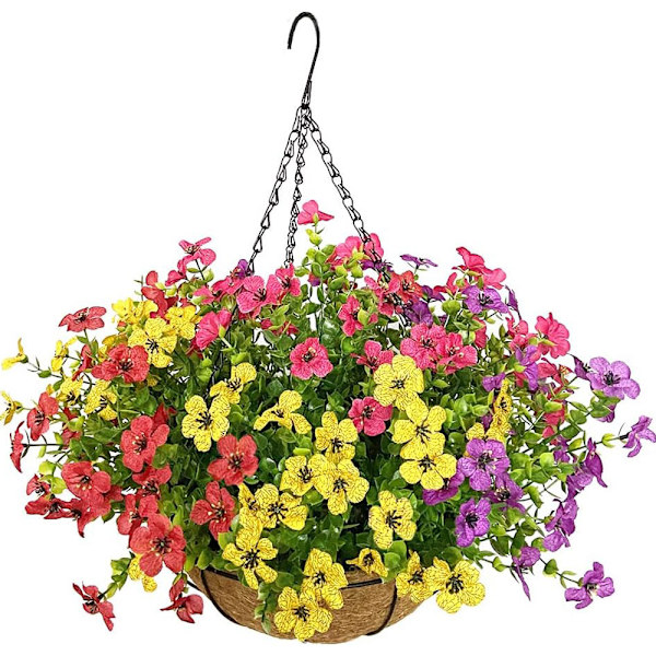 Konstgjorda Blommor i Korg, Konstgjorda Hängande Korgar med Blommor för Utomhus Inomhus Innergård Dekoration, 8 tum Kokosfoder Korg för Patio Trädgård A
