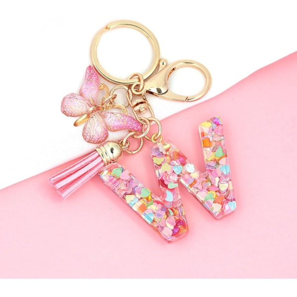Mode Alphabet Initial Bogstav Nøglering Tassel Butterfly Vedhæng Nøglering til Pung Håndtasker Kvinder Pige Pink Butterfly Letter W