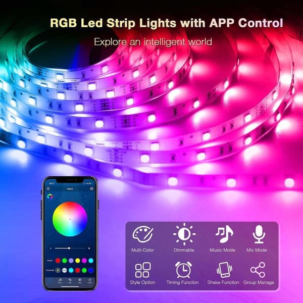 15m RGB LED Stripelys – Musikk Synkronisering, App & Fjernkontroll, Bluetooth Lyssett