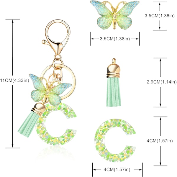 Mode Alphabet Initial Bogstav Nøglering Tassel Butterfly Vedhæng Nøglering til Pung Håndtasker Kvinder Pige Green Butterfly Letter C