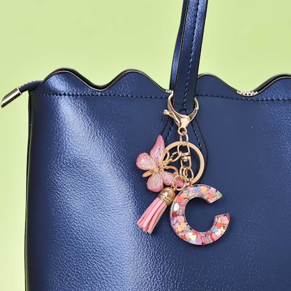 Mode Alphabet Initial Bogstav Nøglering Tassel Butterfly Vedhæng Nøglering til Pung Håndtasker Kvinder Pige Pink Butterfly Letter C