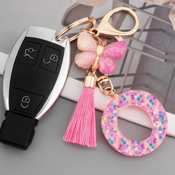 Sødt Rosa Nøglering til Kvinder Piger, Initialbogstav Nøglering med Kvast, Charms til Nøglepung Håndtasker Rygsække Colorful Pink Butterfly-o