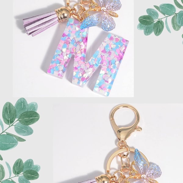 Lilla-Blå Pink Grøn Harpiks Alfabet Initial Bogstav Nøglering Tassel Butterfly Nøglering til Pung Håndtaske Bilnøgler Purple Bue-c