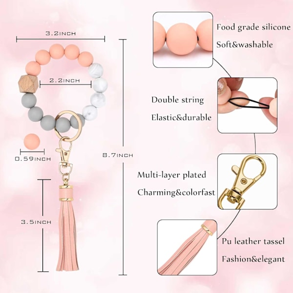 Silikonperle Armbånd Nøglering Håndledsrem Nøglering Bangle Kæder til Kvinder med Læder Kvast Peach