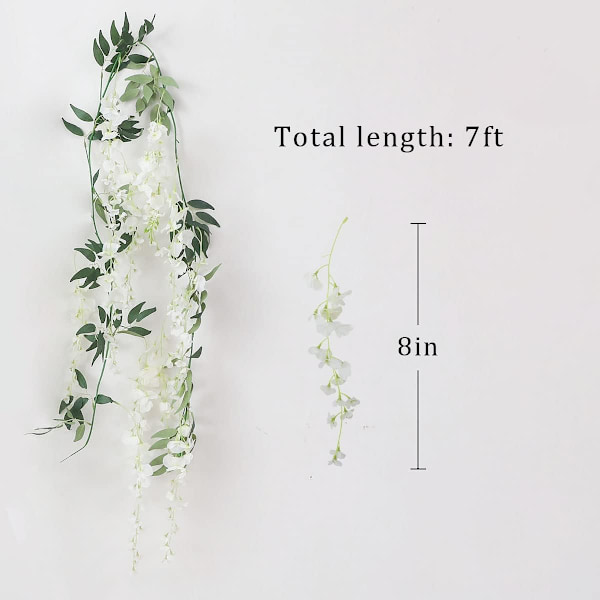 2 x 7 fot Konstgjord Wisteria Vinranka Girlang Konstgjorda Blommor Wisteria Girlangar för Utomhus Inomhus Bröllop Vägg Badrum Dekoration (Lila) White