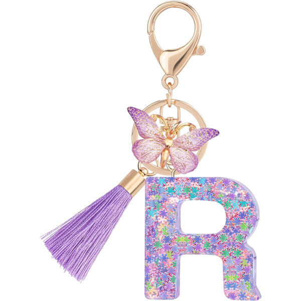 Sööt roosad võtmehoidjad naistele ja tüdrukutele, algustähega võtmehoidjad tutiga, ripatsid võtmetele, rahakotile, käekottidele ja seljakottidele Purple Butterfly Letter-r