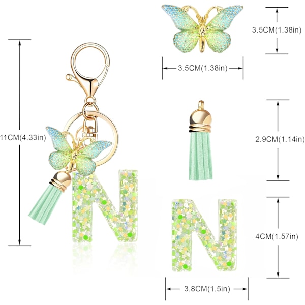 Mode Alphabet Initial Bogstav Nøglering Tassel Butterfly Vedhæng Nøglering til Pung Håndtasker Kvinder Pige Green Butterfly Letter N