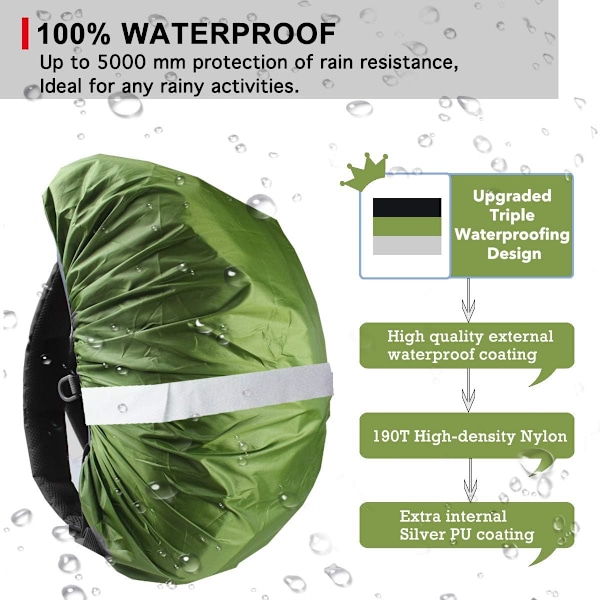 Hög Synlighet Ryggsäcksregnöverdrag med Reflekterande Remsa 100% Vattentät Ultralätt Ryggsäcksöverdrag, Förvaringsficka, Armég Grön M (För 25L-35L Ryggsäck) Army Green M