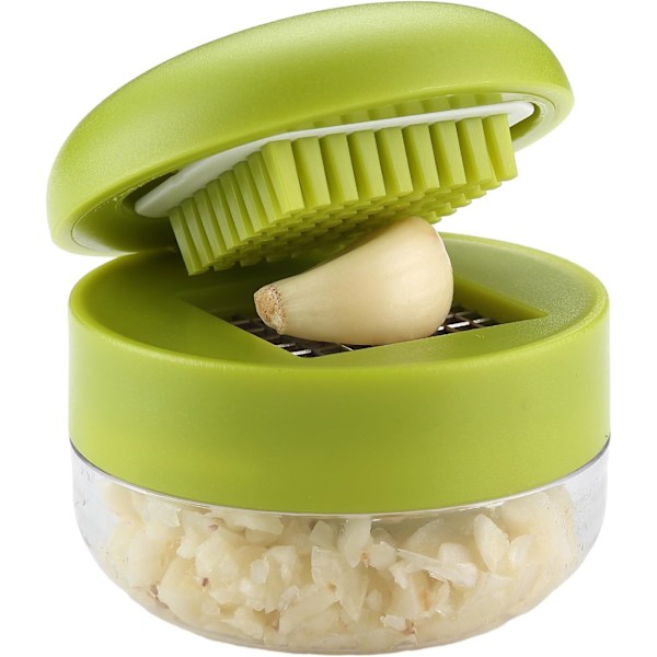 Hvitløkshakker, 2 stk. Hvitløkspresser, Kniver i rustfritt stål, Kutter, Knuser, Kvern og Oppbevaringsbeholder - Inkluderer 2 stk. mini børster - Egnet for
