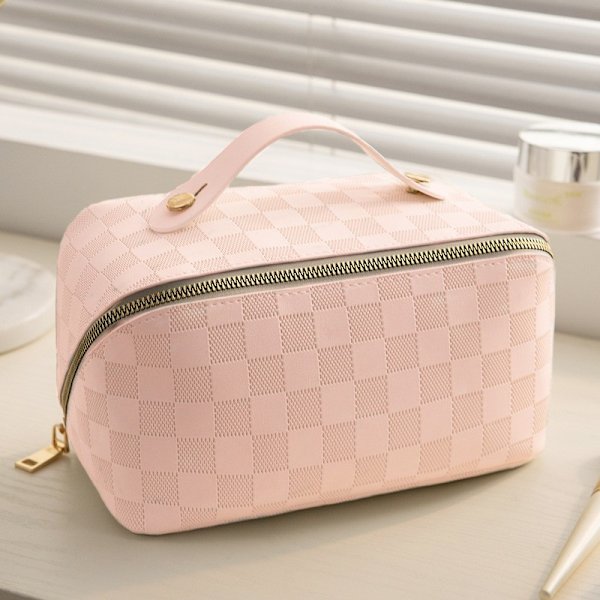 Resväska för smink, stor kapacitet, vattentät, bärbar, vikbar necessär, rutiga, rosa Pink