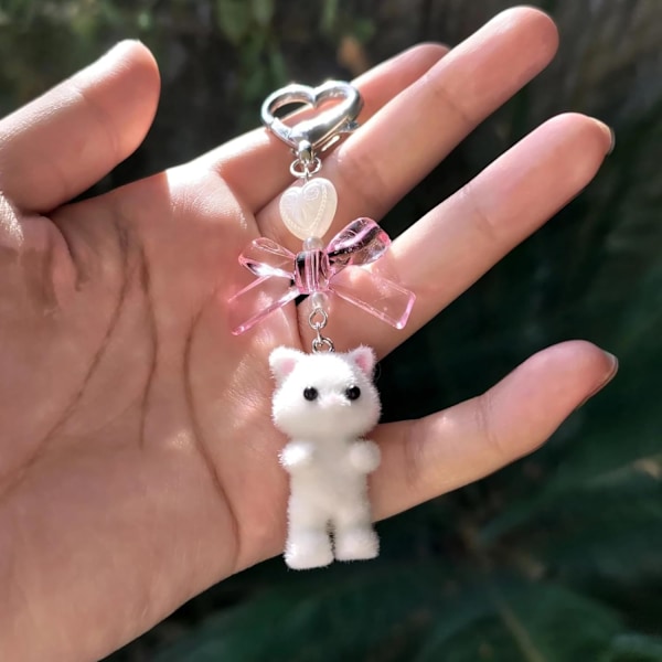 Söt Katt Nyckelring, Luddig Kitty Cat Dekorationspresenter Kattälskare Hjärta Rosett Hängsmycke Kvinnor Flickor Kawaii Katt Väska Charm White