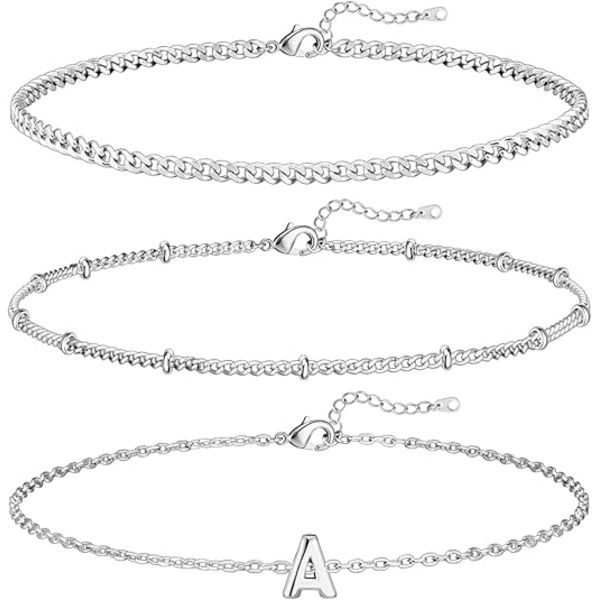 3 kpl valkokultaiset nimikirjainrannekkeet naisille, sirot 14K kultaiset rannekorut, kirjainlinkin charmit, A-Z-monogrammi, rannekorut, tahrankestävät korut, lahjat A