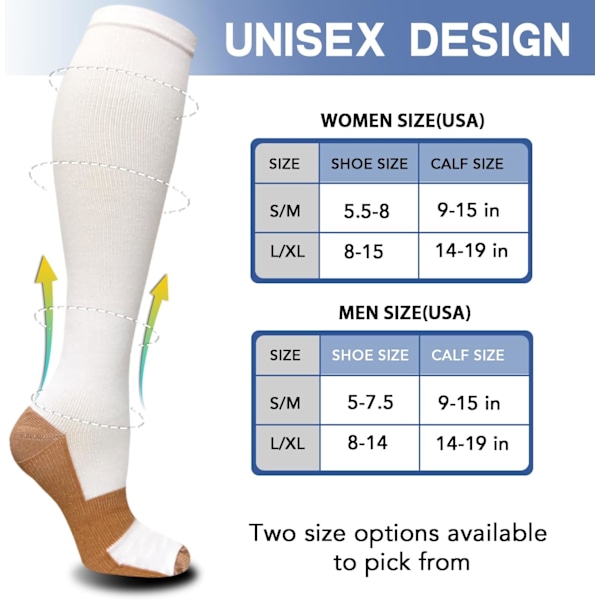 Graderade Koppar Kompressionsstrumpor för Män & Kvinnor Cirkulation 8 Par 15-20mmHg - Bäst för Löpning, Atletisk Cykling L-XL 02 White