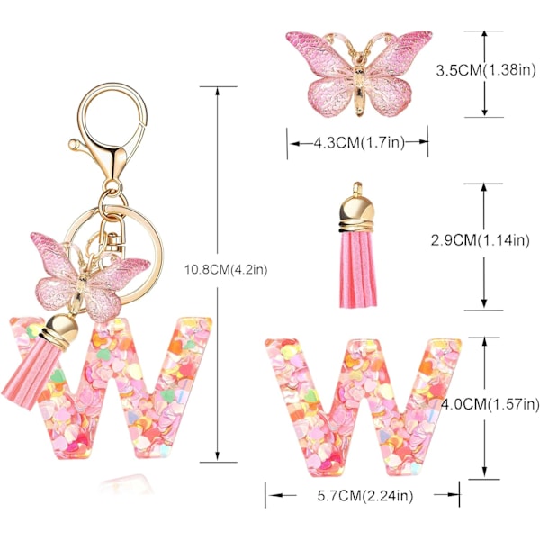 Mode Alphabet Initial Bogstav Nøglering Tassel Butterfly Vedhæng Nøglering til Pung Håndtasker Kvinder Pige Pink Butterfly Letter W