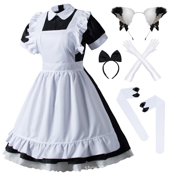 Lolita Pigekjole Sort og Hvid Uniform Kjole Sort og Hvid M E M
