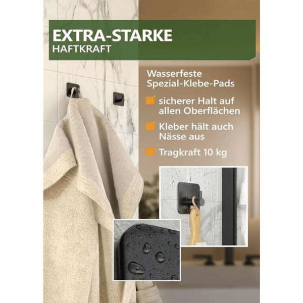 Selvklæbende vægkroge i rustfrit stål, sorte, stærk bæreevne, ingen boring nødvendig til badeværelse og køkken 6pcs