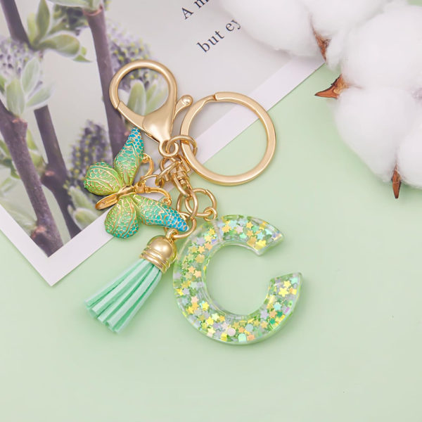 Mode Alphabet Initial Bogstav Nøglering Tassel Butterfly Vedhæng Nøglering til Pung Håndtasker Kvinder Pige Green Butterfly Letter C