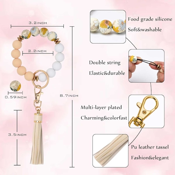 Silikonperle Armbånd Nøglering Håndledsrem Nøglering Bangle Kæder til Kvinder med Læder Kvast Flower Yellow