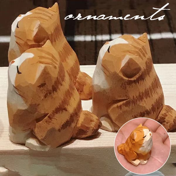 2 stk. Håndlavet Træ Kat Statue til Skrivebordsdekoration, Mini Dyreskulptur Gave