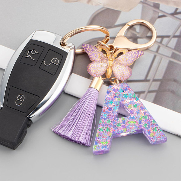 Sødt Rosa Nøglering til Kvinder Piger, Initialbogstav Nøglering med Kvast, Charms til Nøglepung Håndtasker Rygsække Purple Butterfly Letter-a