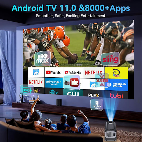 Smart Mini-projektor med Android 11.0, bärbar projektor 1080P 4K Full HD med WiFi 6 och BT5.2, 180° justerbart stativ, automatisk keystone-hemmaprojektor