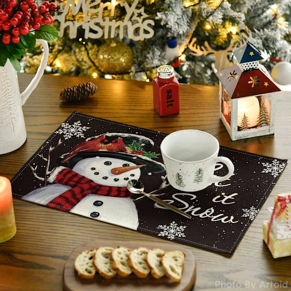 Punainen Lumimies Let It Snow -talvipöytäliinat, 4 kpl, 12x18 tuumaa, jouluiset pöytäliinat juhliin, keittiöön ja ruokailuun Black