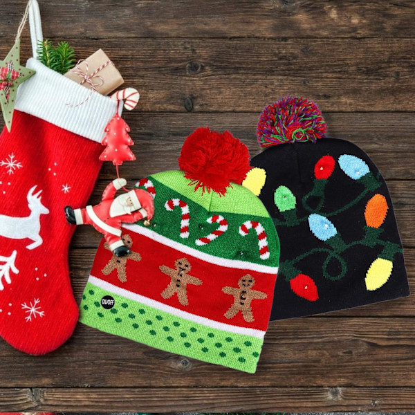 2-pack Jultomte LED-stickad mössa med blinkande ljus - Färgglada blinkande juldekorationer för fest (One Size Fits More) Green